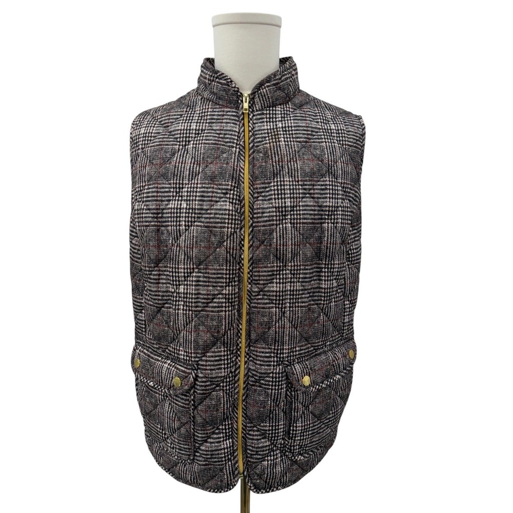 St John's Bay Quilted Vest Womens 2X Plaid Puffer Zip Up Pockets Gold Accents